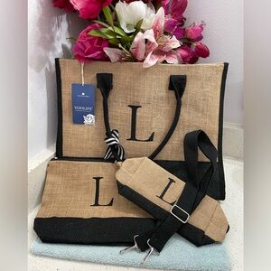 Jute Tan and Black Women's Tote Bag Set